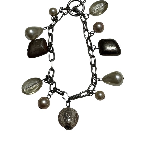 Chunky Charm Bracelet Silver Tone Faux Pearl Crystal Stones Toggle‎ Clasp Womens